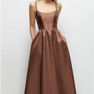 Dessy Collection Corset Satin Maxi Dress with Pockets, Cognac, Size 4, Worn Once